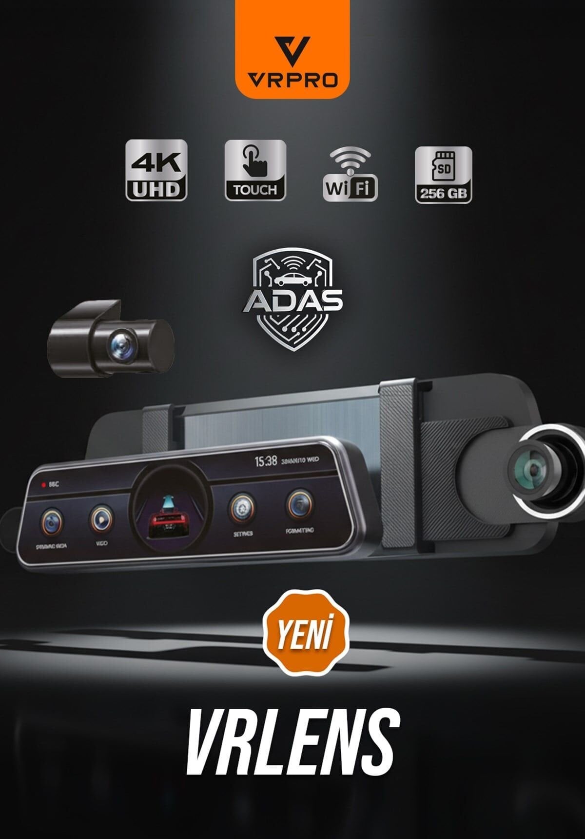 VRLens 2 Kameralı 10'' Touch Screen-Adas+Bsd-4k+2k-Loop Recording-Wifi-G Sensor