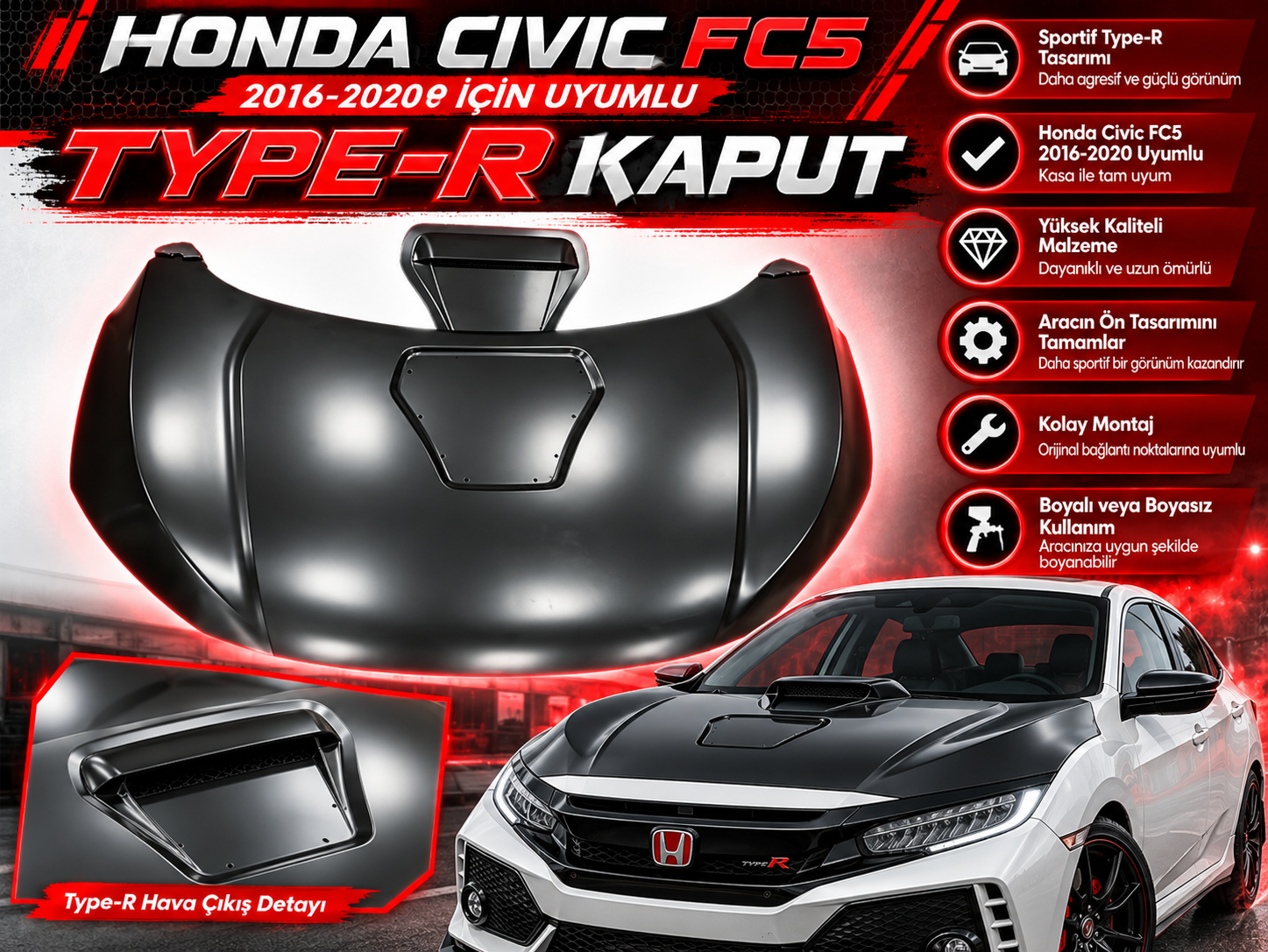Civic Fc5 2016-2020 İçin Uyumlu Type-R Kaput