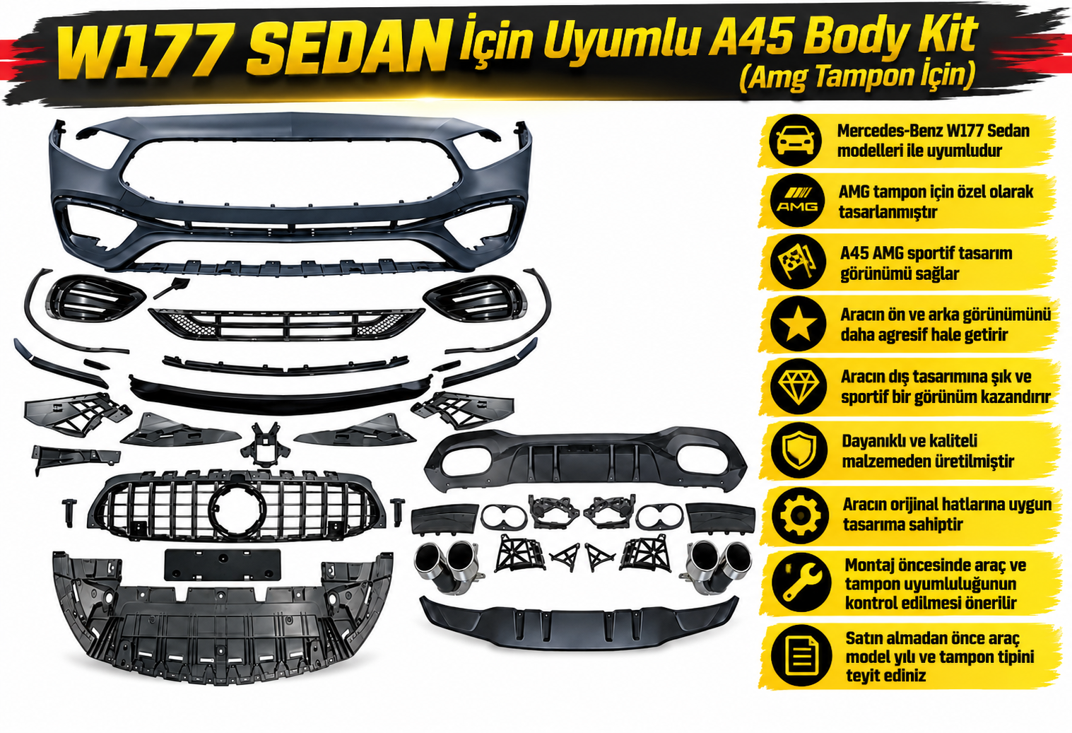 W177 Sedan İçin Uyumlu A45 Body Kit (Amg Tampon İçin)