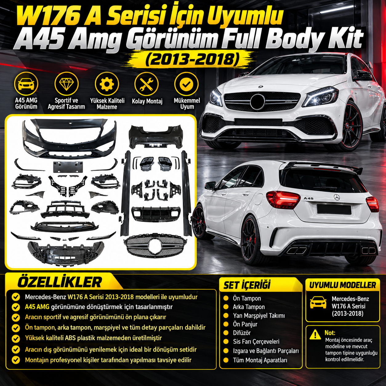 W176 A Serisi İçin Uyumlu A45 Amg Görünüm Full Body Kit (2013-2018)