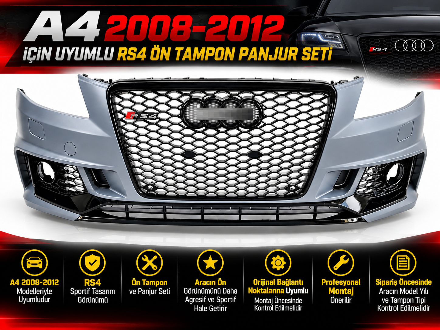 A4 2008-2012 İçin Uyumlu Rs4 Ön Tampon Panjur Seti