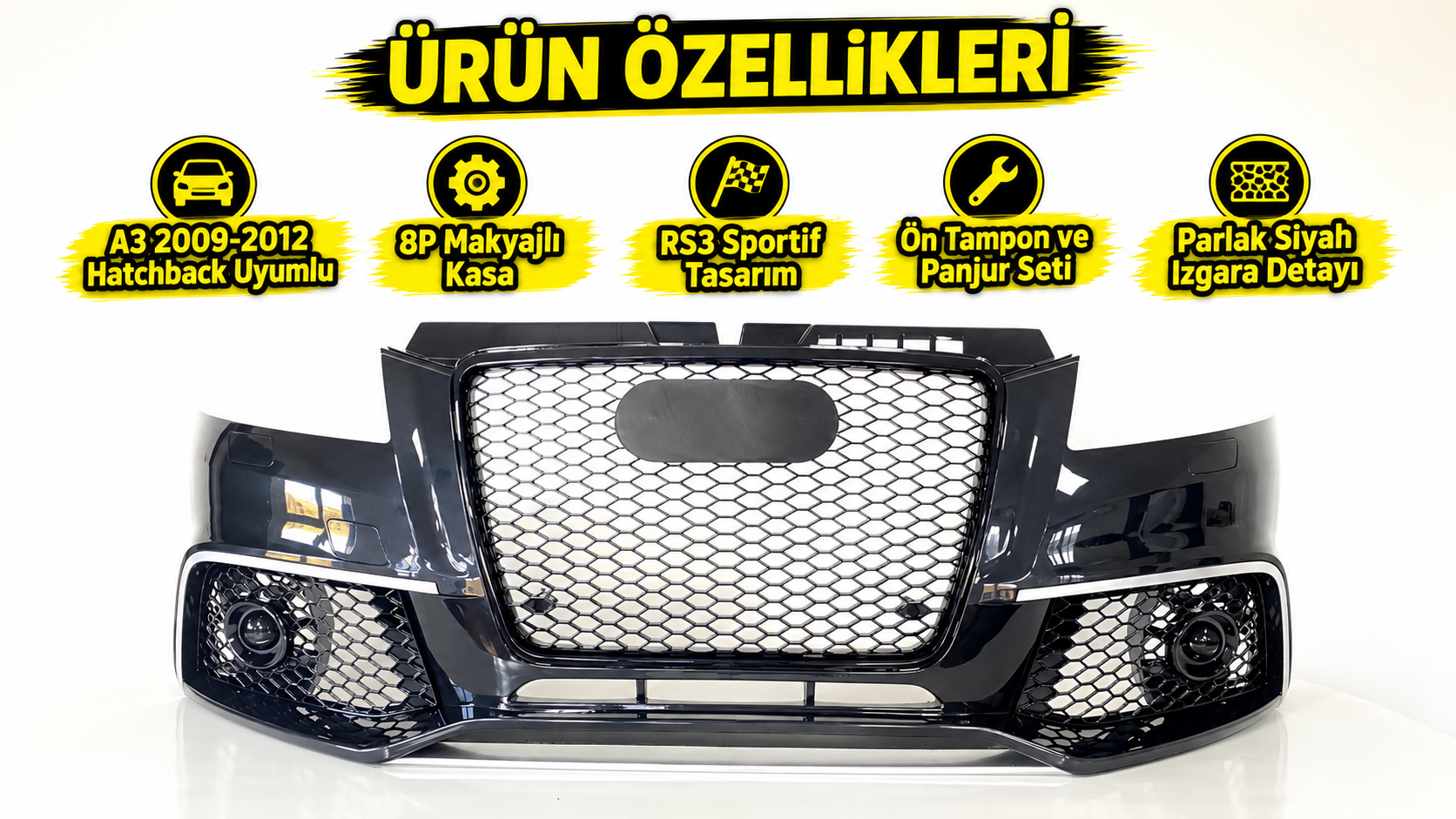 A3 2009-2012 Hatchback İçin Uyumlu RS3 Ön Tampon Panjur Seti - (8P Makyajlı Kasa)