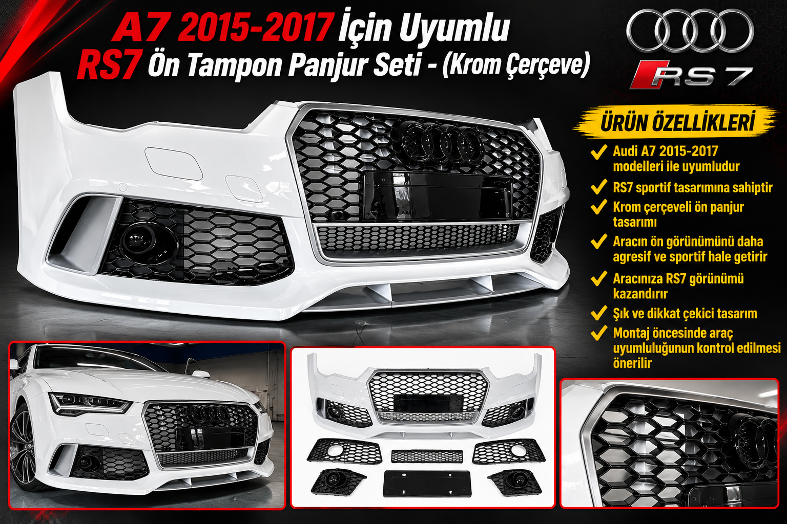 A7 2015-2017 İçin Uyumlu RS7 Ön Tampon Panjur Seti - (Krom Çerçeve)