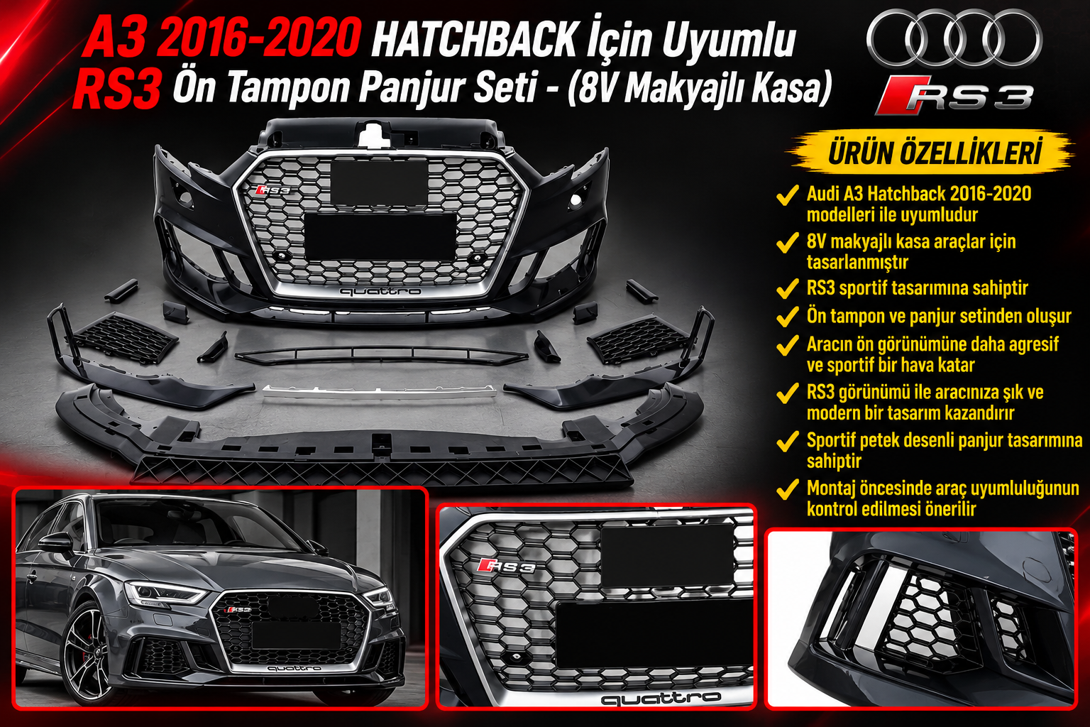 A3 2016-2020 Hatchback İçin Uyumlu RS3 Ön Tampon Panjur Seti - (8V Makyajlı Kasa)