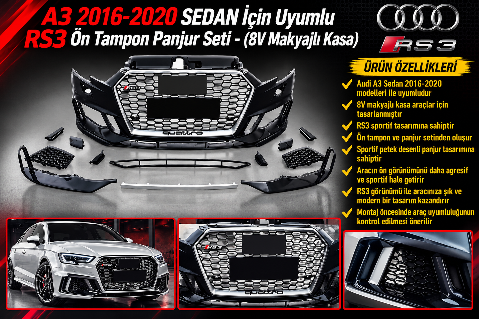 A3 2016-2020 Sedan İçin Uyumlu RS3 Ön Tampon Panjur Seti - (8V Makyajlı Kasa)