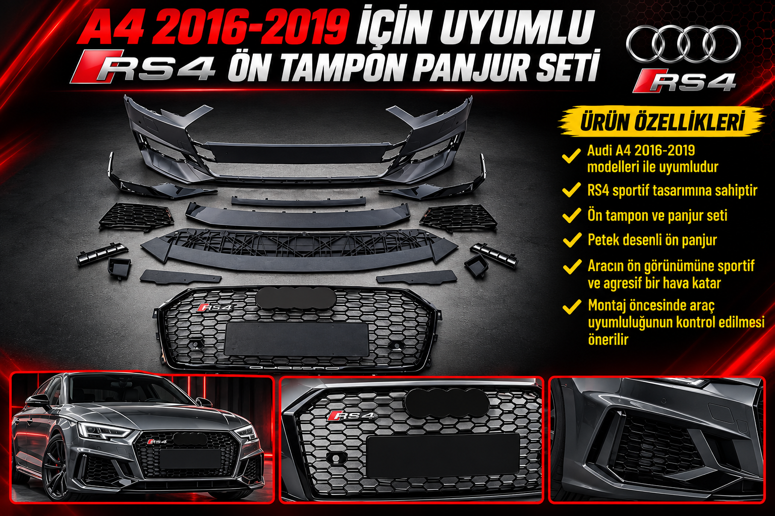 A4 2016-2019 İçin Uyumlu RS4 Ön Tampon Panjur Seti