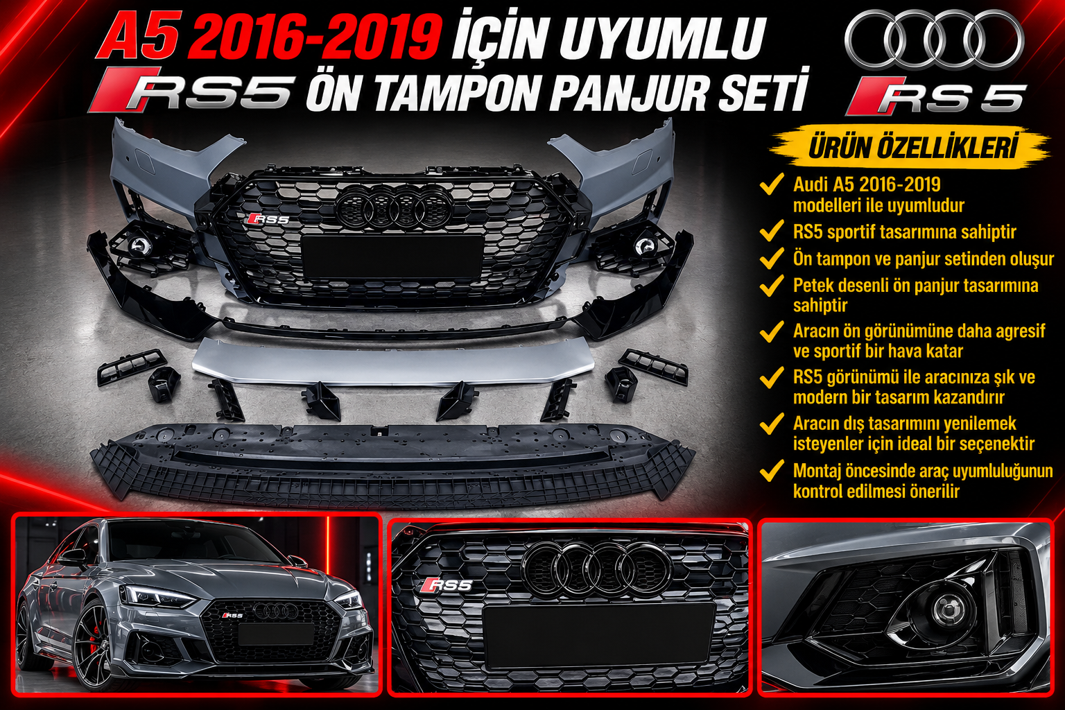 A5 2016-2019 İçin Uyumlu RS5 Ön Tampon Panjur Seti