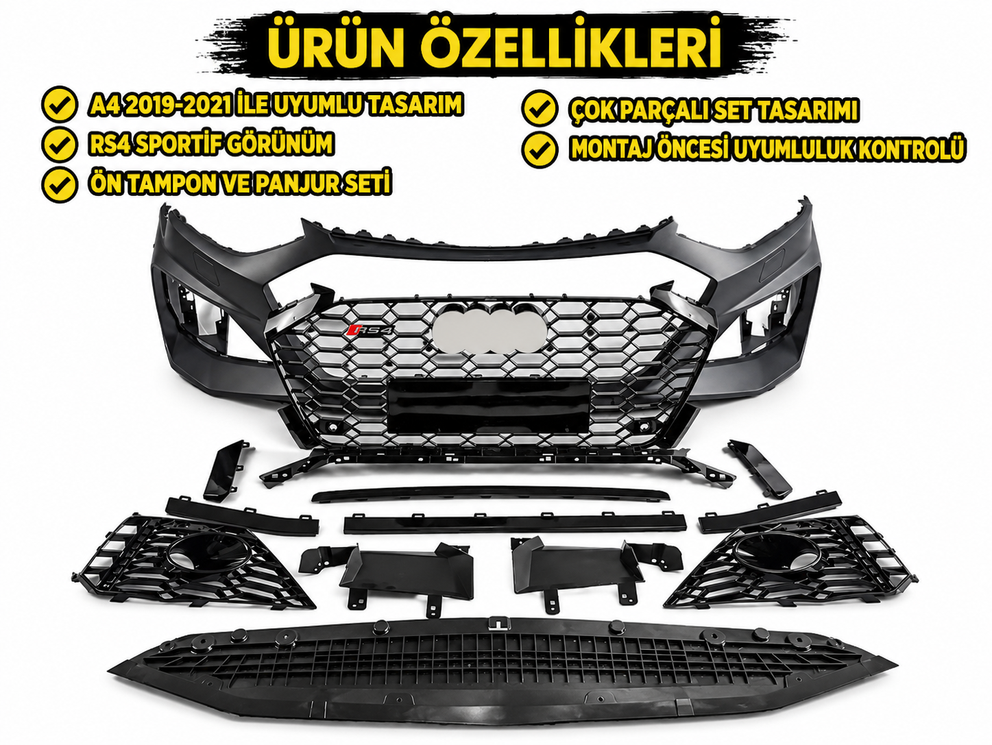 A4 2019-2021 İçin Uyumlu RS4 Ön Tampon Panjur Seti