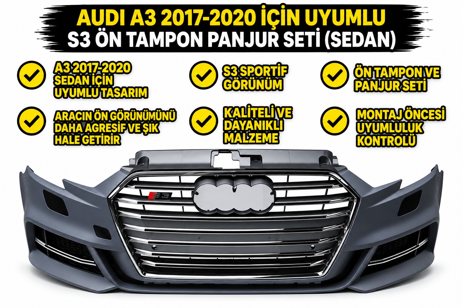 Audi A3 2017-2020 İçin Uyumlu S3 Ön Tampon Panjur Seti (Sedan)