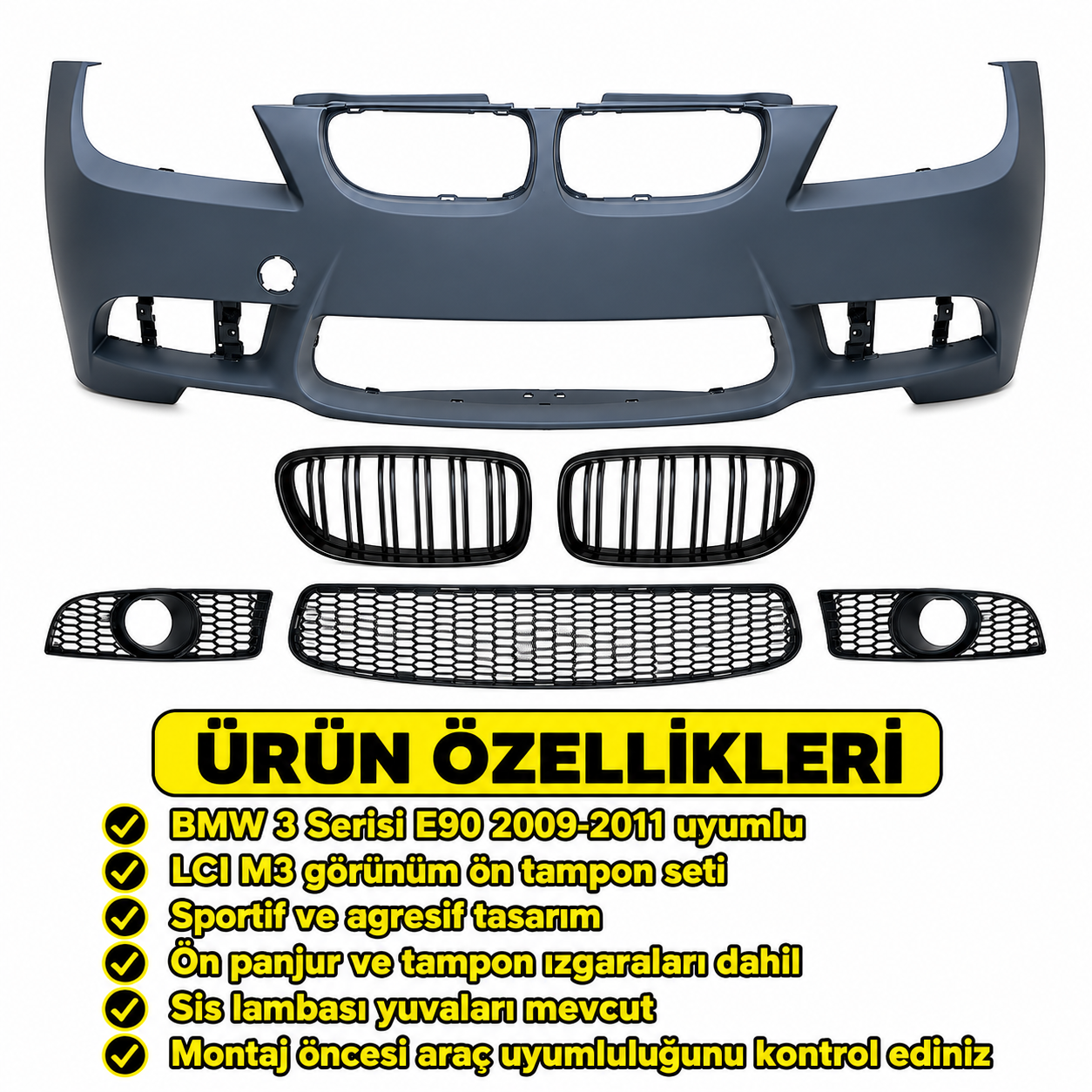 3 Serisi E90 2009-2011 İçin Uyumlu LCI M3 Görünüm Body Kit (Ön-Arka Tampon-Panjur-Sis Lambası)