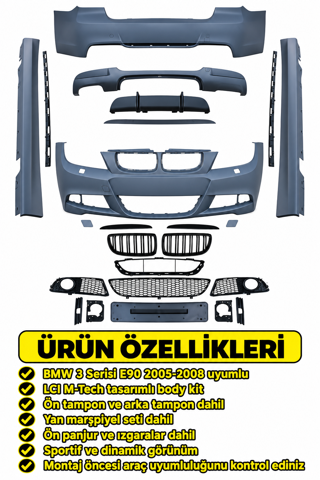 3 Serisi E90 2005-2008 İçin Uyumlu LCI M-Tech Body Kit (Ön-Arka-Yan-Panjur)