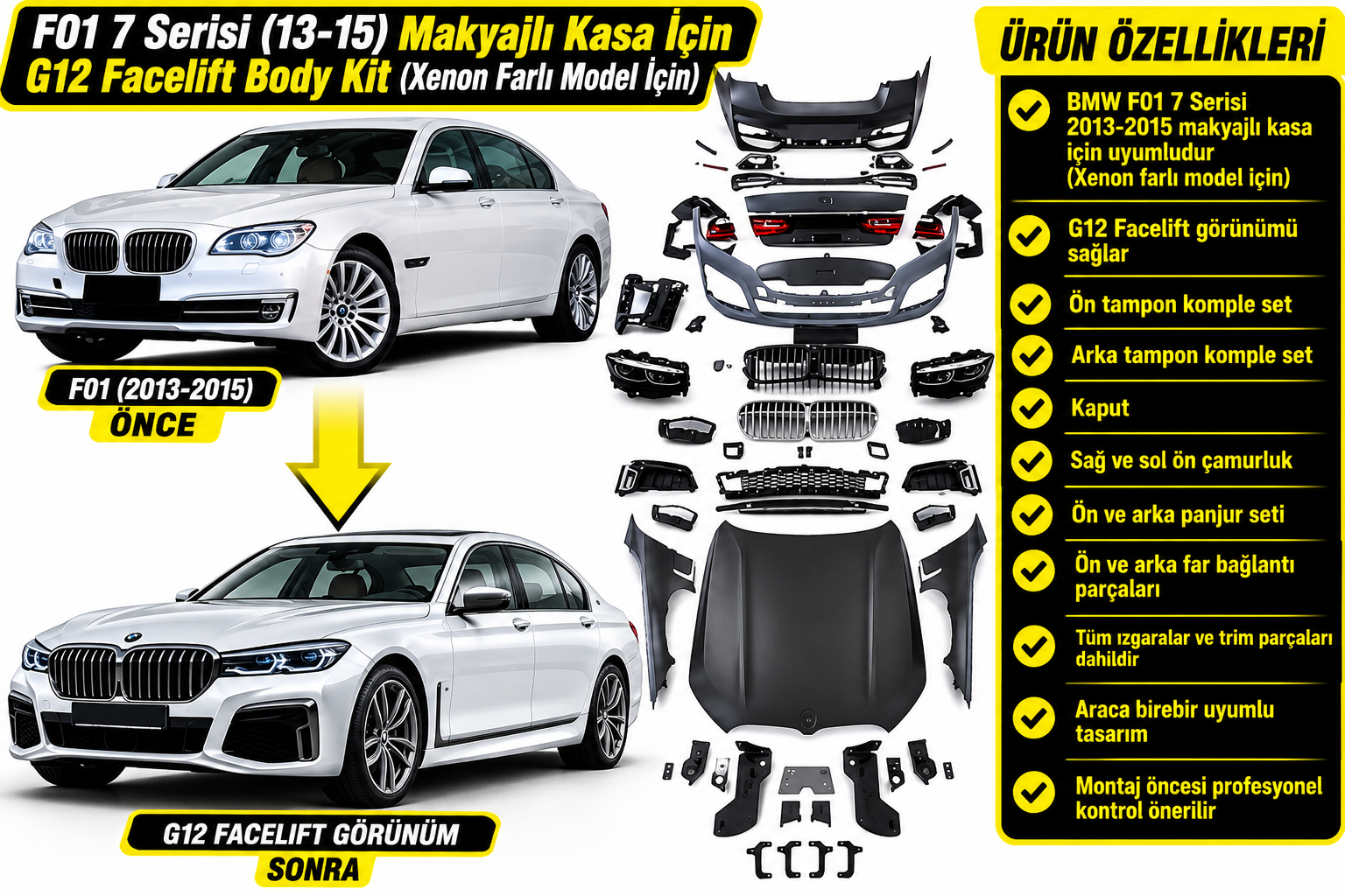 F01 7 Serisi (2013-2015) Makyajlı Kasa İçin G12 Facelift Body Kit (Xenon Farli Model İçin)