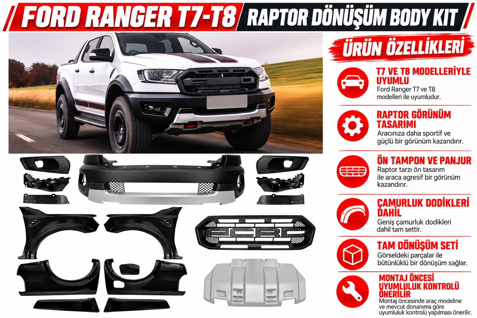 Ford Ranger T7 ve T8 Raptor Dönüşüm Body Kit