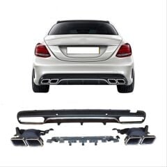 Mercedes Uyumlu Yedek Parça W205 C Serisi Gümüş (Silver) Difüzör ve Egzoz Seti (AMG Sedan - Krom Trim)
