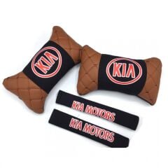 Kia Uyumlu Yedek Parça Logolu Boyun Yastığı ve Emniyet Kemer Kılıfı Kahverengi Siyah