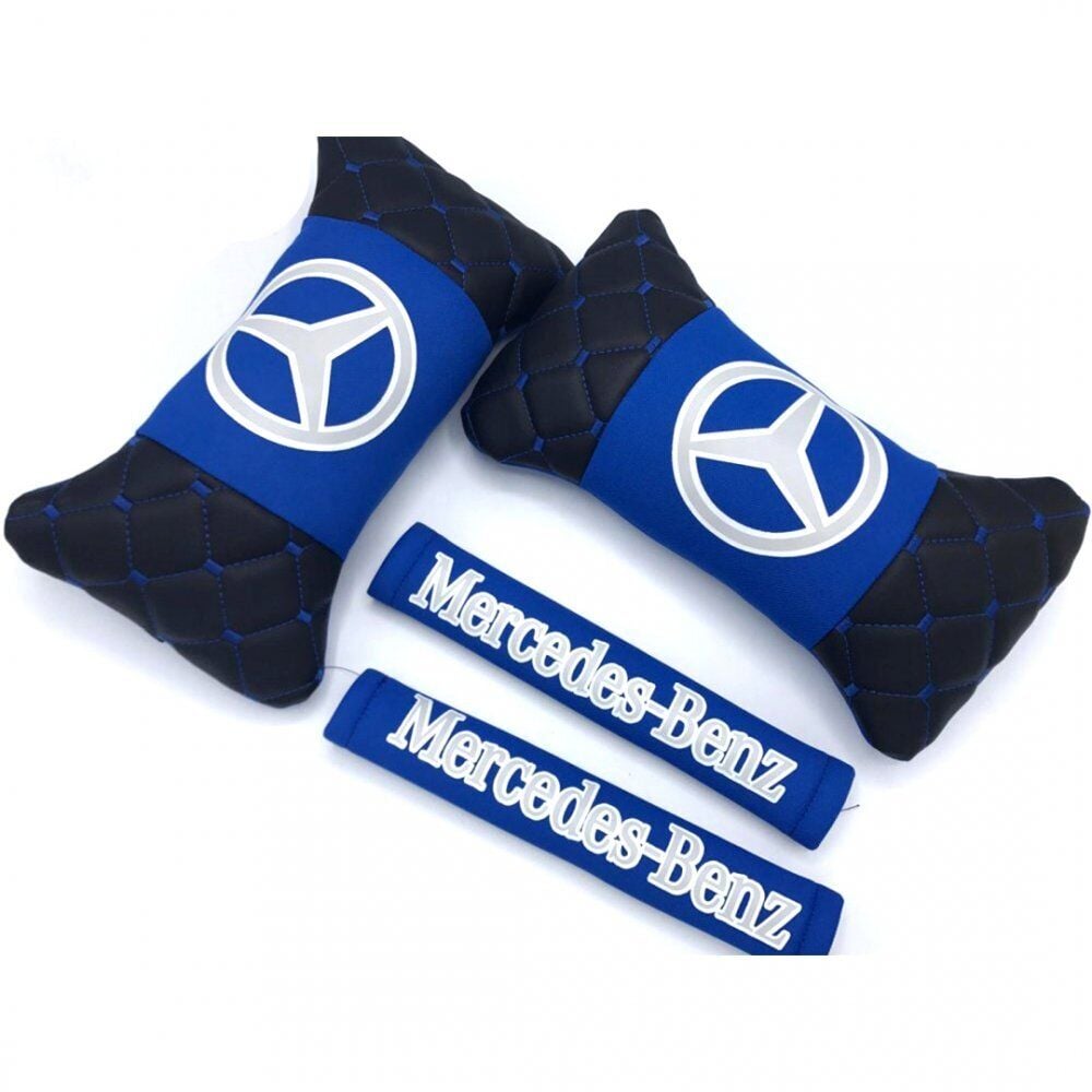 Mercedes Uyumlu Yedek Parça Logolu Boyun Yastığı ve Emniyet Kemer Kılıfı Siyah Mavi