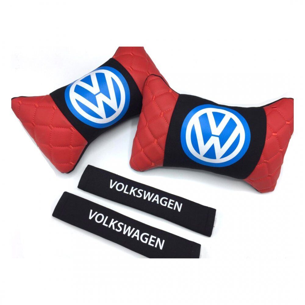 Volkswagen Uyumlu Yedek Parça Logolu Boyun Yastığı ve Emniyet Kemer Kılıfı Kırmızı