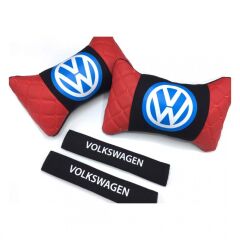 Volkswagen Uyumlu Yedek Parça Logolu Boyun Yastığı ve Emniyet Kemer Kılıfı Kırmızı