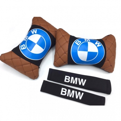 Bmw Uyumlu Yedek Parça Logolu Boyun Yastığı ve Emniyet Kemer Kılıfı Kahverengi Siyah