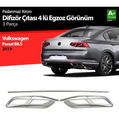  Volkswagen Passat B8.5 2019-2023 Uyumlu Yedek Parça 4'lü R Line 3 Parça Krom Egzoz Görünümü Çıta